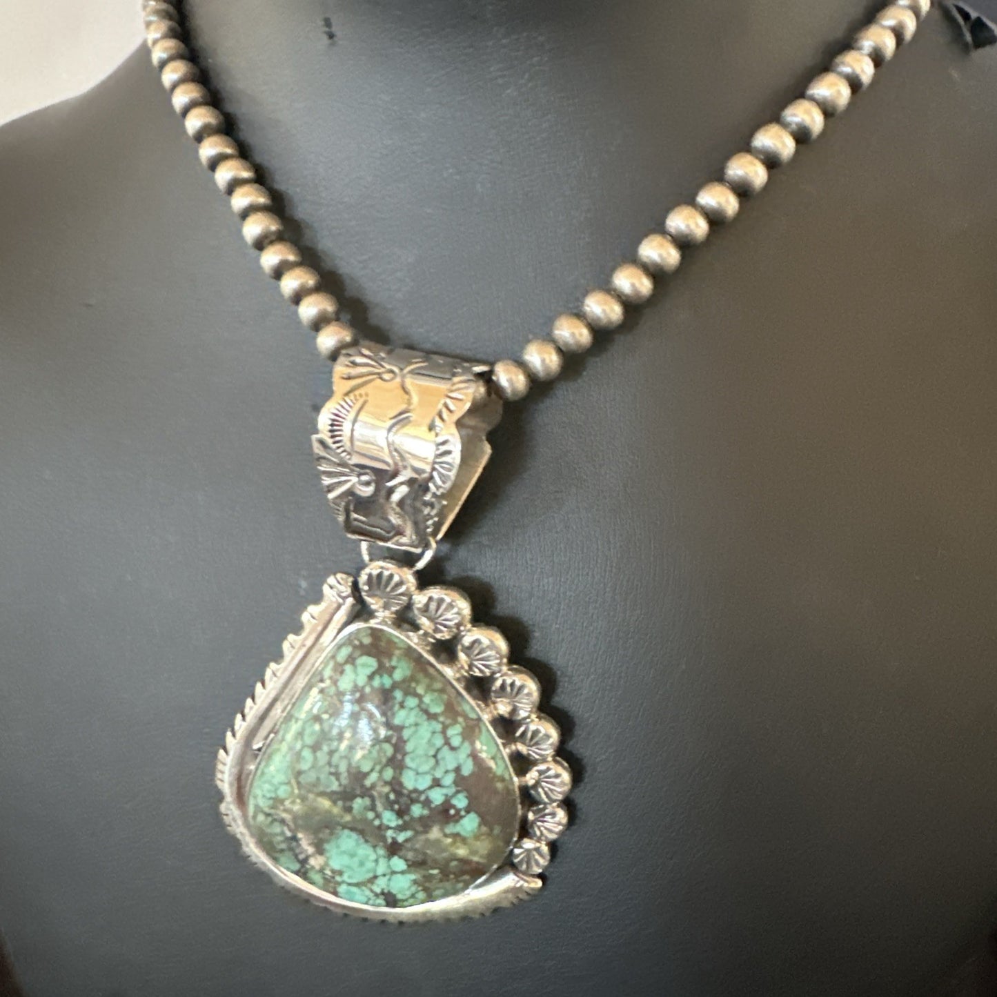 Navajo Sterling Silver Green Rustic Turquoise Necklace Pendant 2.75” 19011