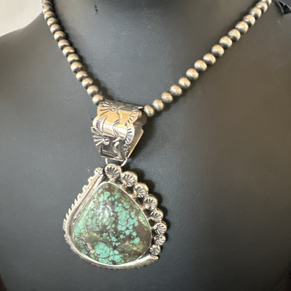 Navajo Sterling Silver Green Rustic Turquoise Necklace Pendant 2.75” 19011