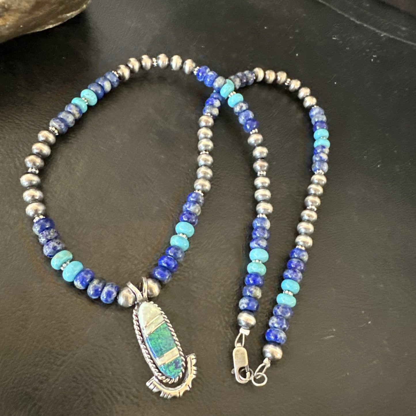 WoMens Opal Inlay Pendant Navajo Sterling Silver Blue Lapis Bead Necklace 18914