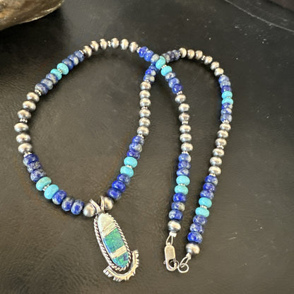 WoMens Opal Inlay Pendant Navajo Sterling Silver Blue Lapis Bead Necklace 18914