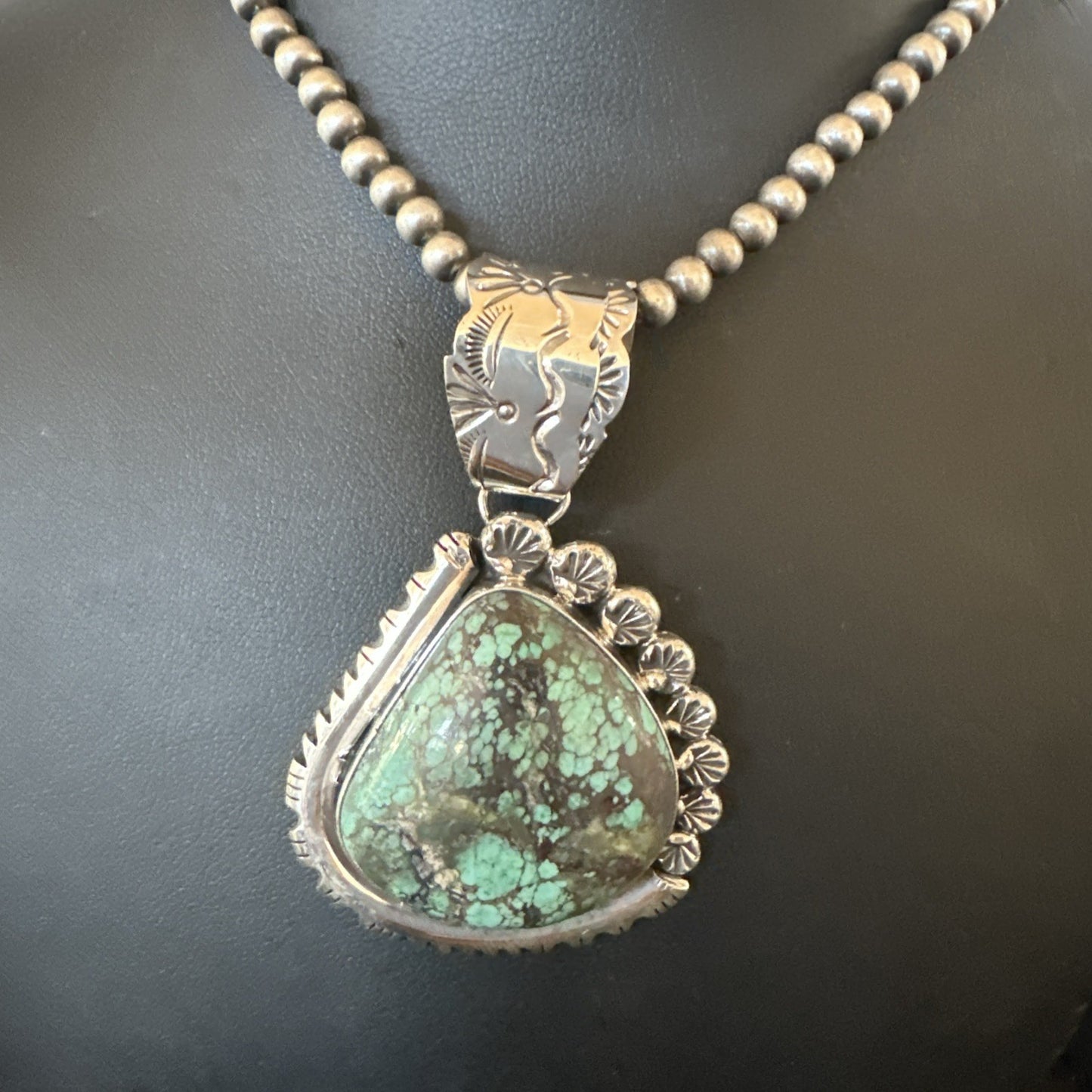 Navajo Sterling Silver Green Rustic Turquoise Necklace Pendant 2.75” 19011