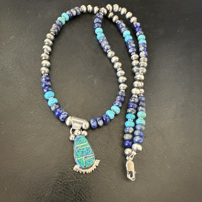 WoMens Opal Inlay Pendant Navajo Sterling Silver Blue Lapis Bead Necklace 18917