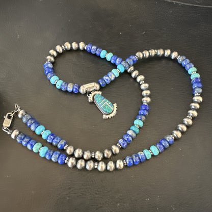 WoMens Opal Inlay Pendant Navajo Sterling Silver Blue Lapis Bead Necklace 18920