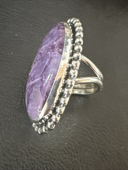 H Joe Purple Charoite Navajo Sterling Silver Oval Ring Size 7 18962