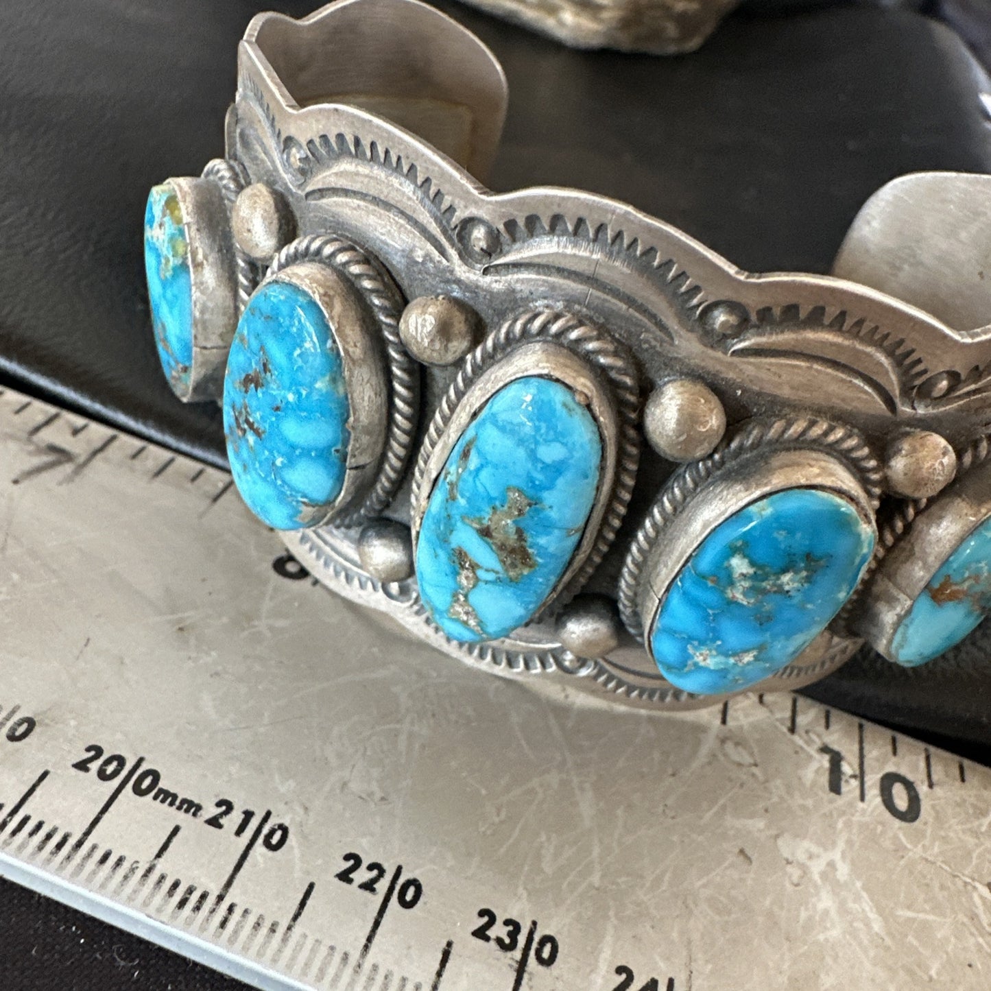 Mens Blue Kingman Turquoise Sterling SIlver Cluster Cuff Bracelet 8.2" 18875