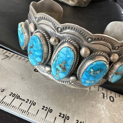Mens Blue Kingman Turquoise Sterling SIlver Cluster Cuff Bracelet 8.2" 18875