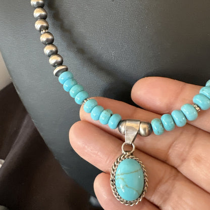 WoMens Blue Kingman Turquoise Pendant Navajo Sterling Silver Necklace 21" 18937