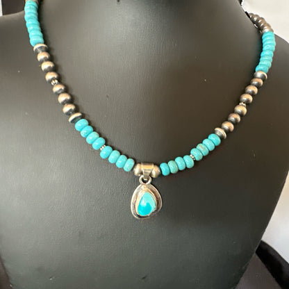 WoMens Blue Kingman Turquoise Pendant Navajo Sterling Silver Necklace 21" 18936