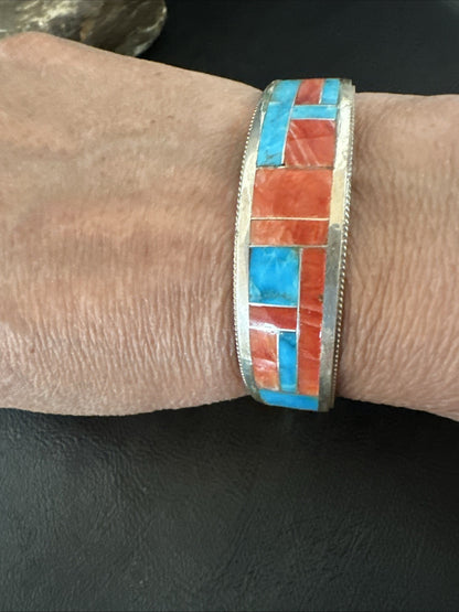 Blue Turquoise Spiny Oyster Zuni Sterling Silver Cuff Inlay Bracelet 7" 18994