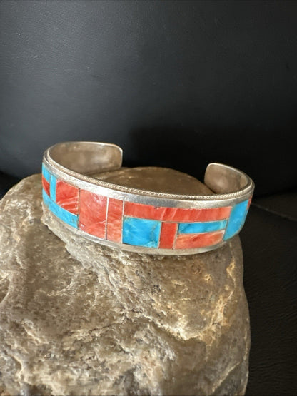 Blue Turquoise Spiny Oyster Zuni Sterling Silver Cuff Inlay Bracelet 7" 18994