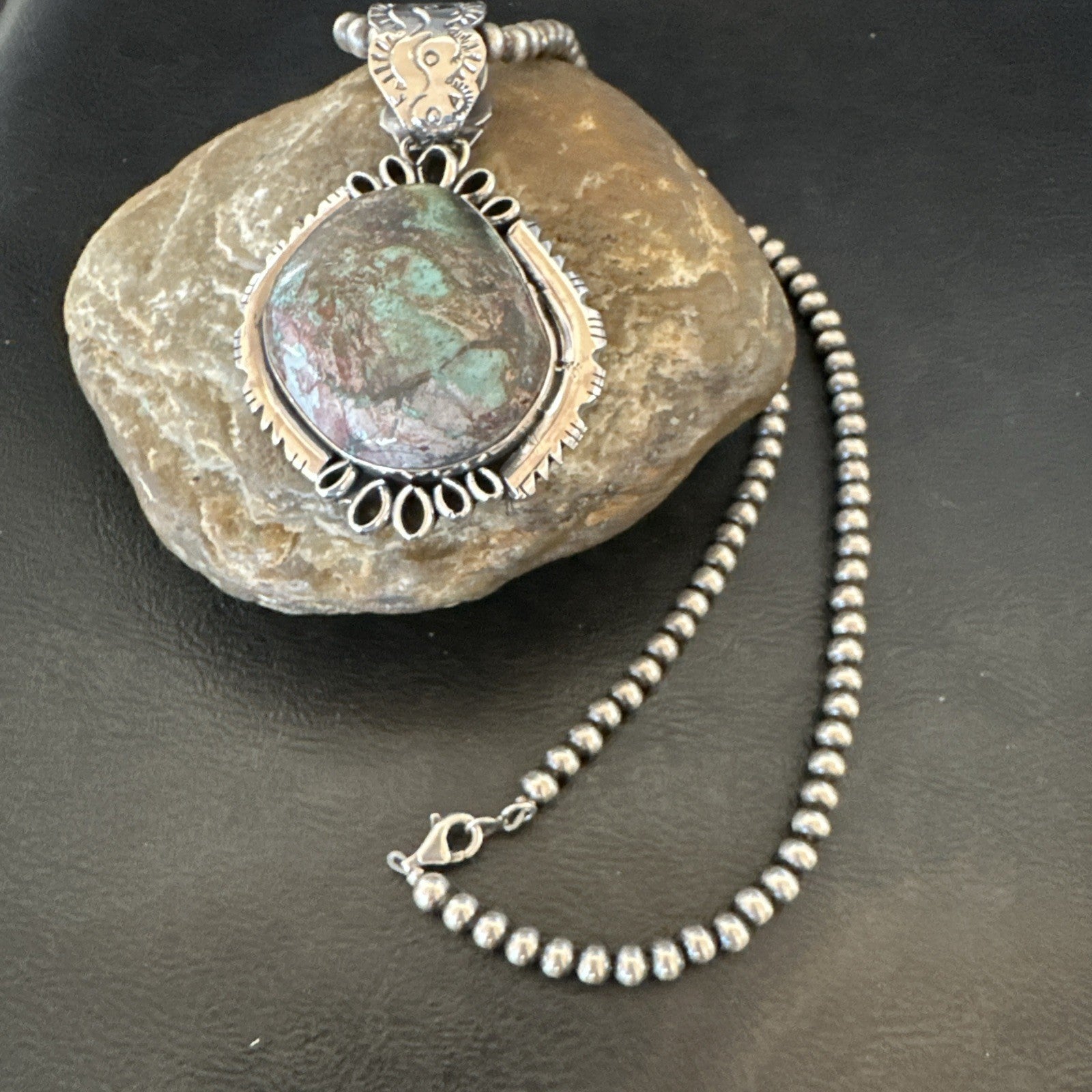 Yazzie Navajo Sterling Silver Blue Rustic Turquoise Necklace Pendant 2.75” 18998