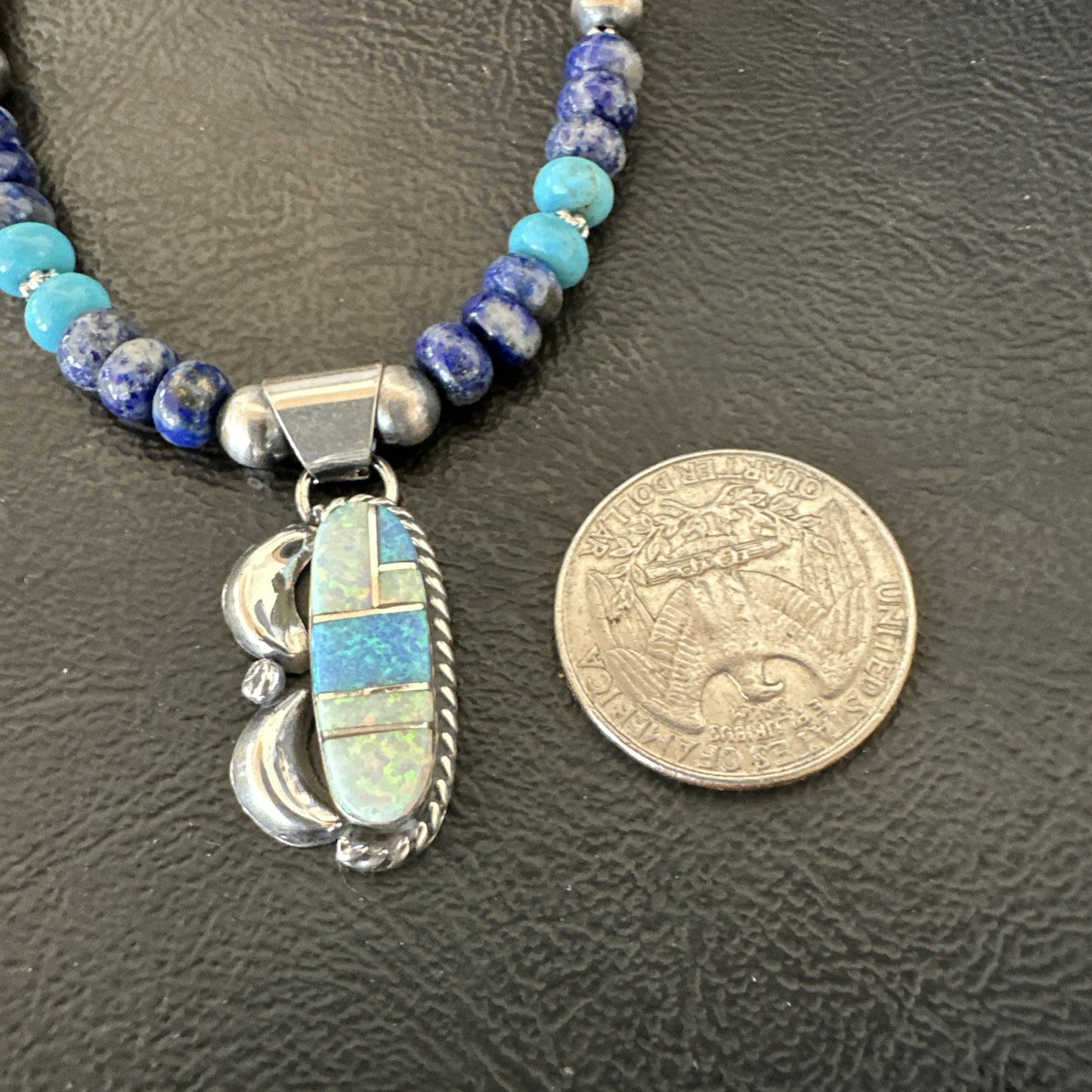 WoMens Opal Inlay Pendant Navajo Sterling Silver Blue Lapis Bead Necklace 18916