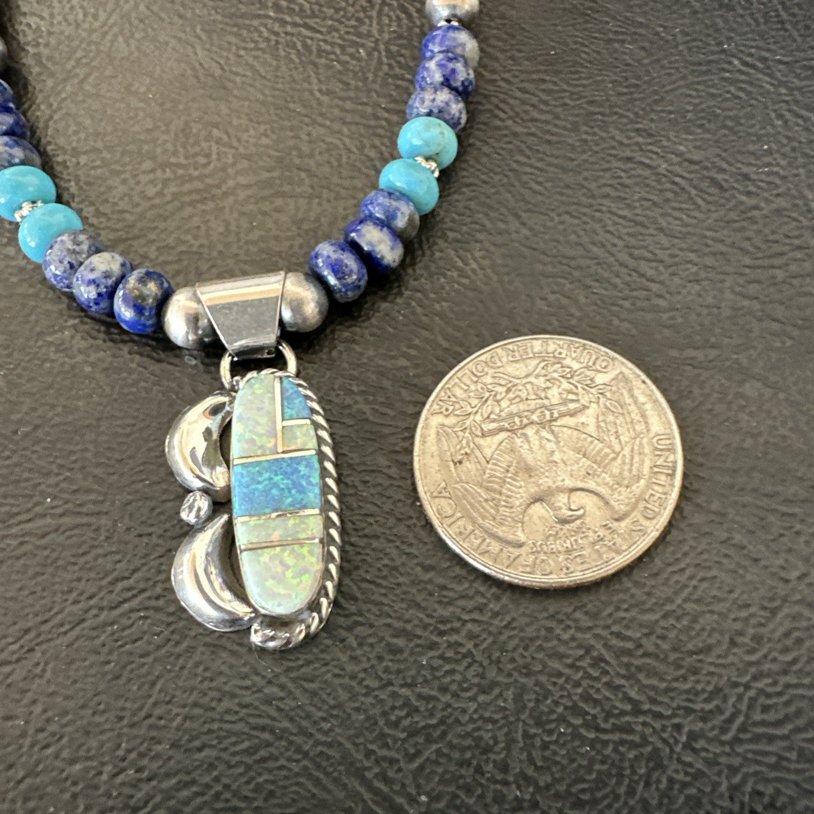 WoMens Opal Inlay Pendant Navajo Sterling Silver Blue Lapis Bead Necklace 18916