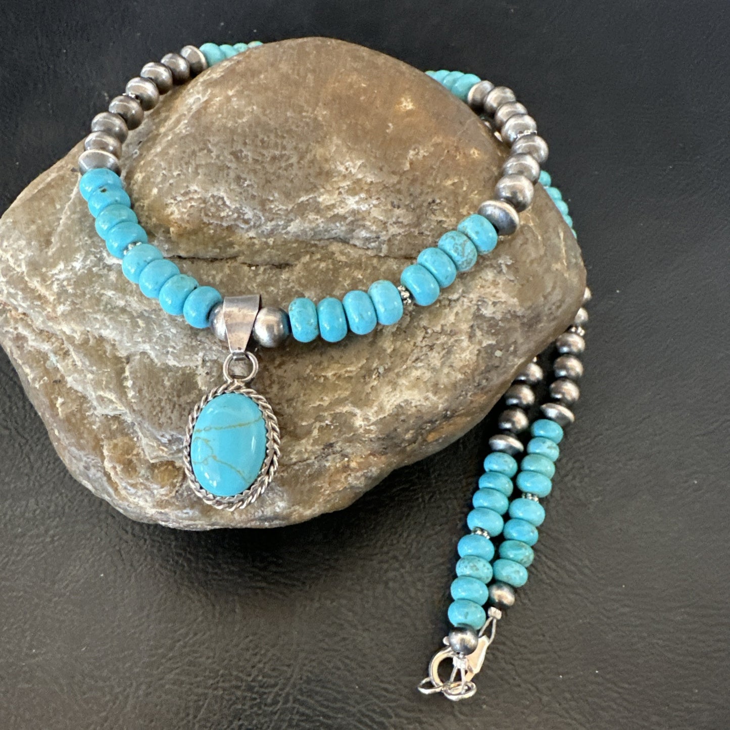 WoMens Blue Kingman Turquoise Pendant Navajo Sterling Silver Necklace 21" 18937
