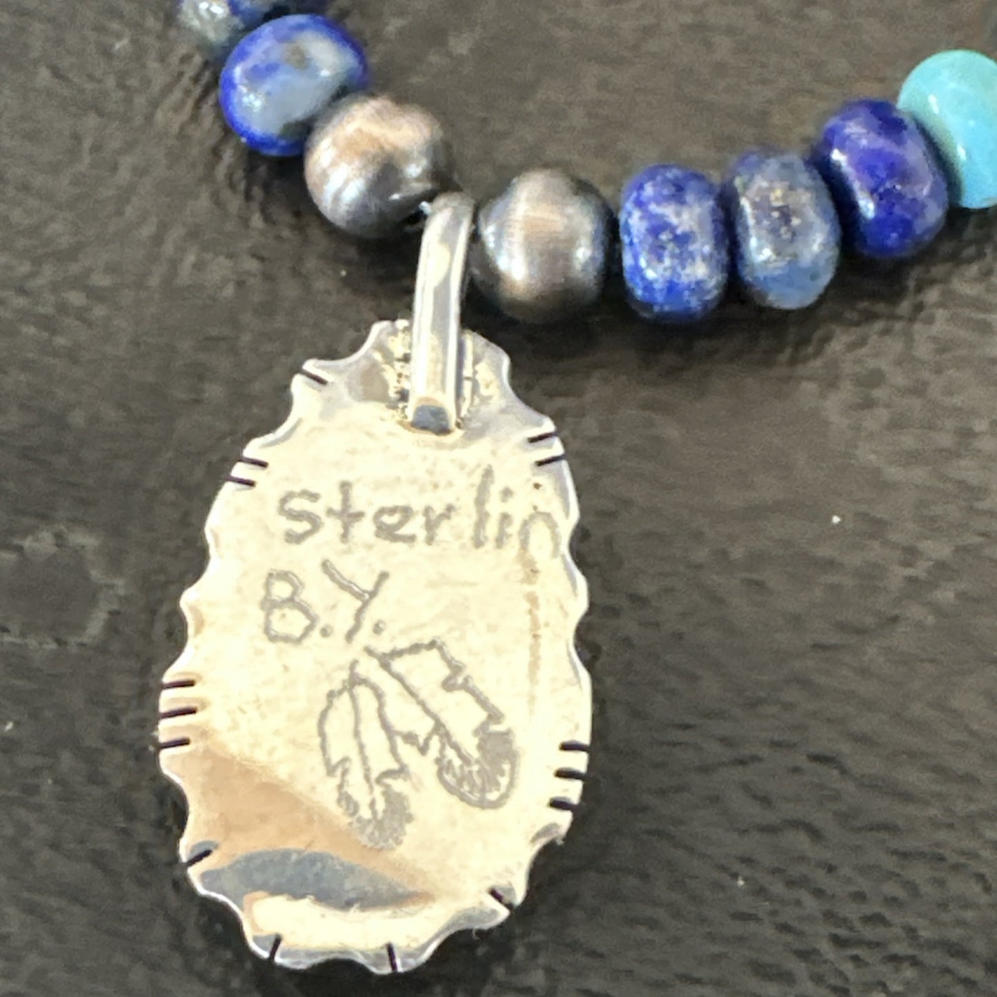 WoMens Opal Inlay Pendant Navajo Sterling Silver Blue Lapis Bead Necklace 18915
