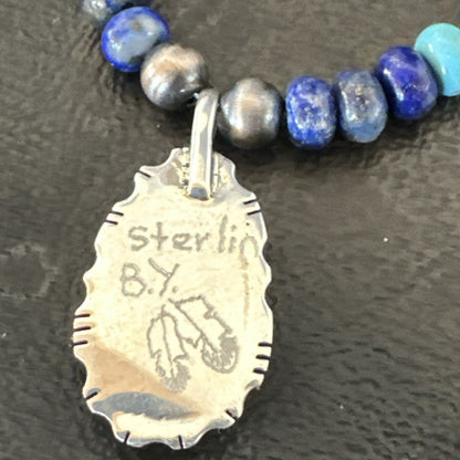 WoMens Opal Inlay Pendant Navajo Sterling Silver Blue Lapis Bead Necklace 18915