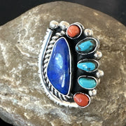 Navajo Cluster Lapis Kingman Turquoise Coral Ring Sz 8 | Sterling Silver | Authentic Native American Handmade | 18882