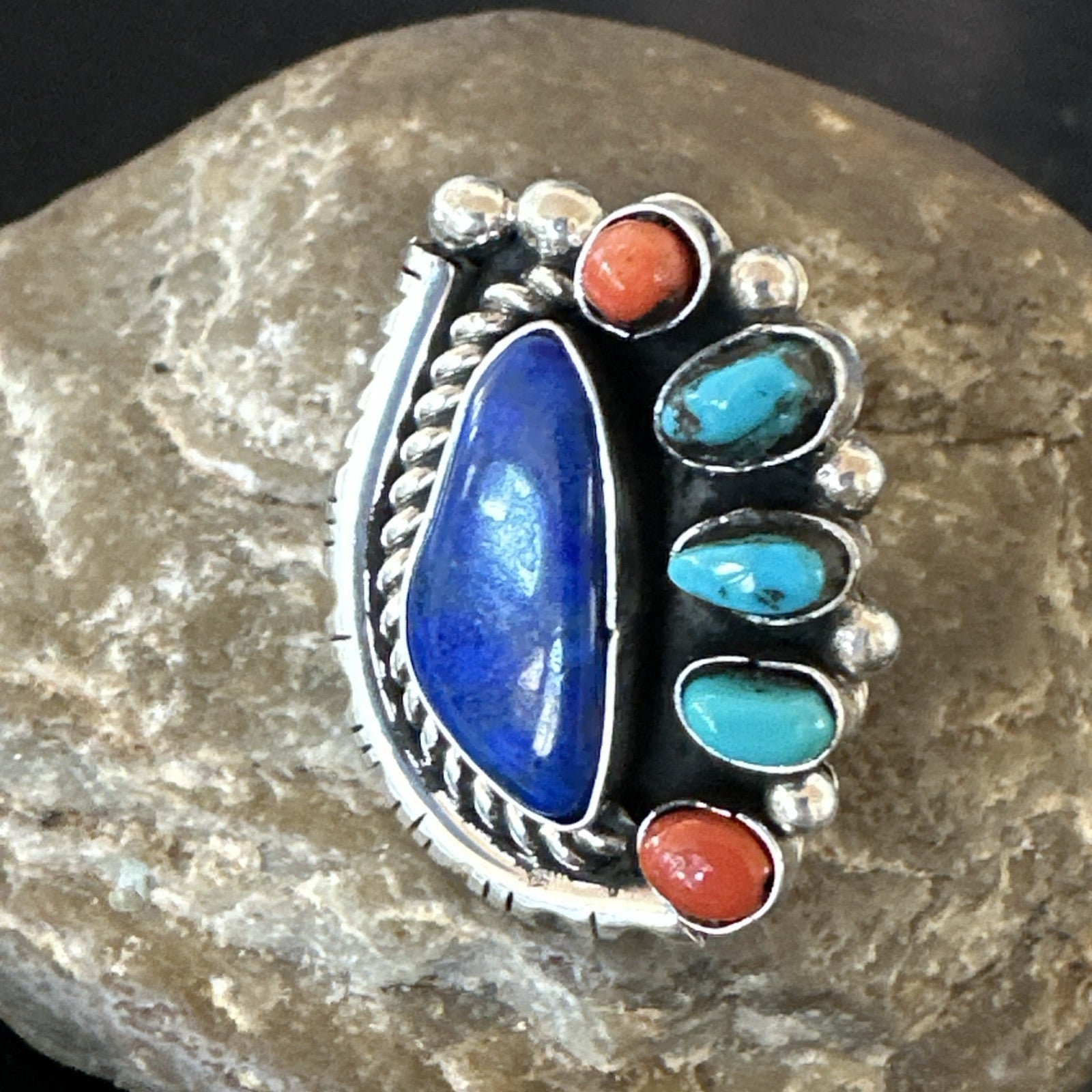 Navajo Cluster Lapis Kingman Turquoise Coral Sterling Silver Ring Sz 8 18882