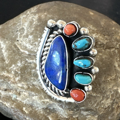 Navajo Cluster Lapis Kingman Turquoise Coral Sterling Silver Ring Sz 8 18882