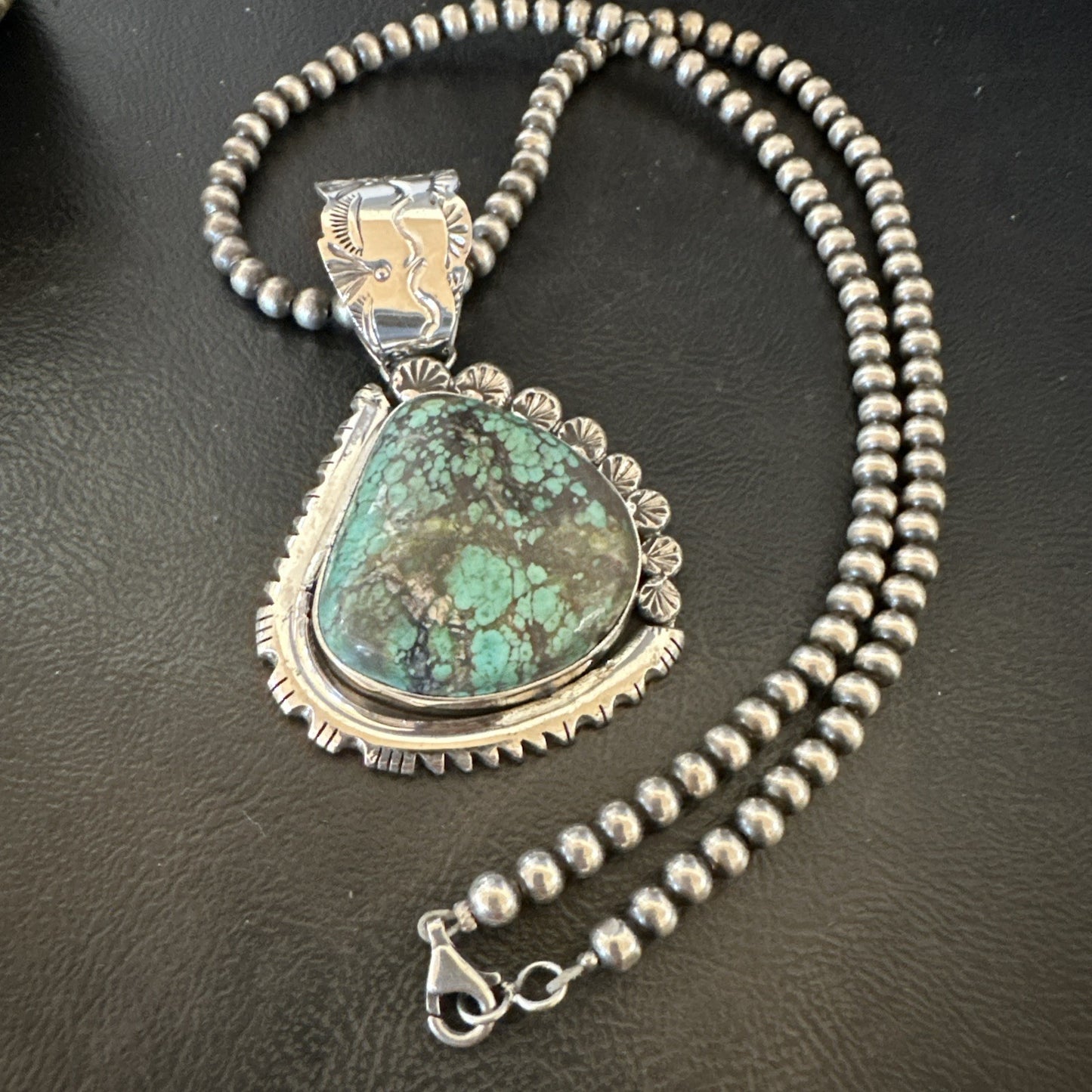 Navajo Sterling Silver Green Rustic Turquoise Necklace Pendant 2.75” 19011