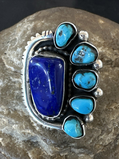 Navajo Cluster Lapis Kingman Turquoise Sterling Silver Ring Sz 8 18883