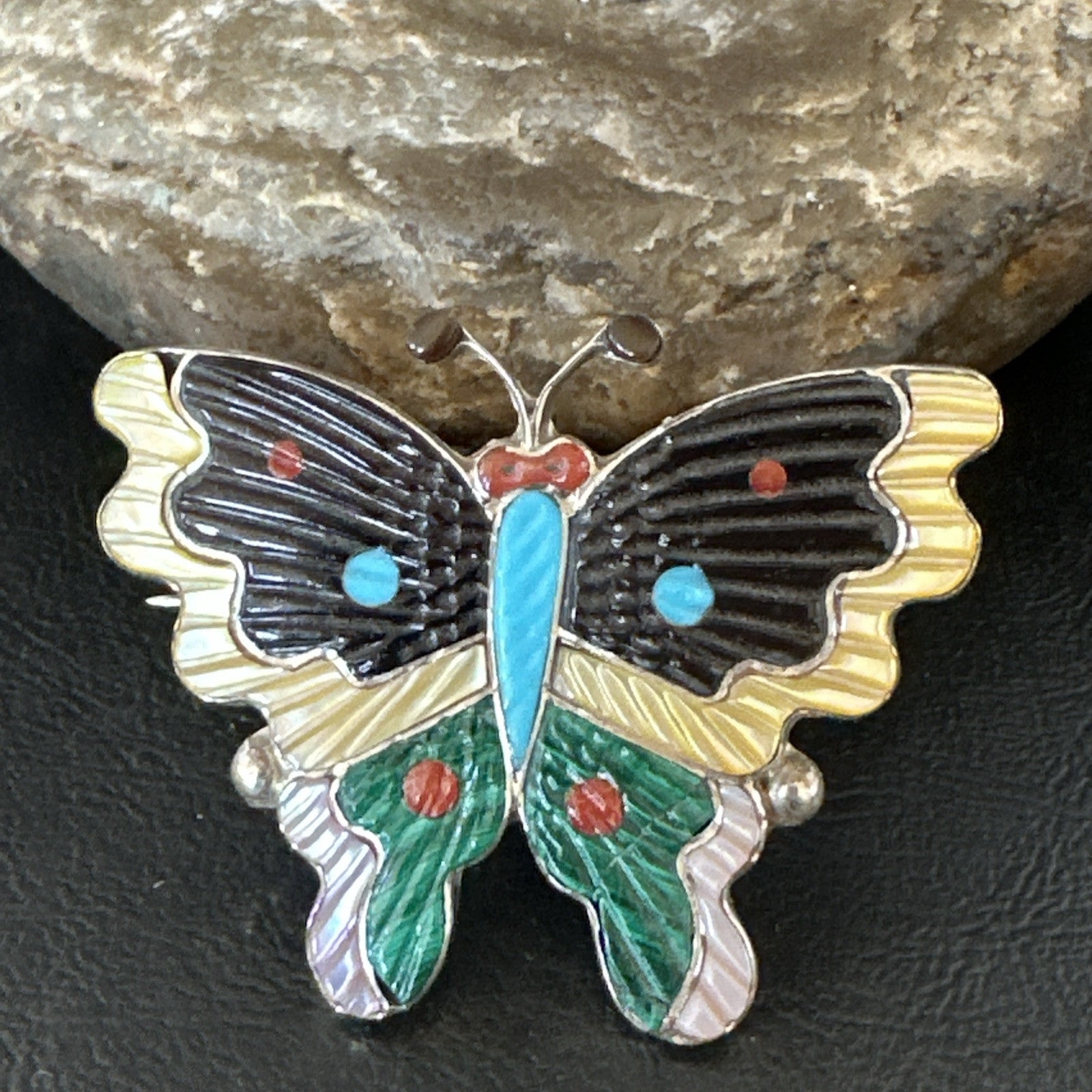 Multicolor Turquoise MOP Onyx Butterfly Sterling Silver Zuni Pin Pendant 18901