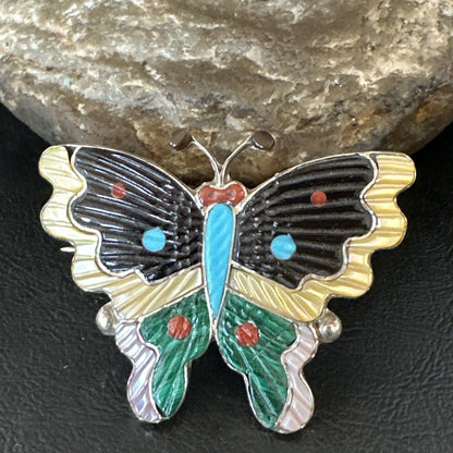 Multicolor Turquoise MOP Onyx Butterfly Sterling Silver Zuni Pin Pendant 18901