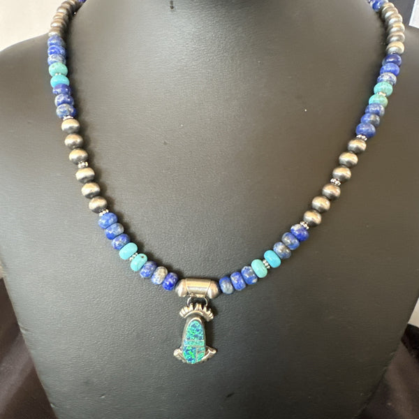 Women's Opal Inlay Pendant Navajo Blue Lapis Bead Necklace | Sterling Silver | Authentic Native American Handmade | 18920