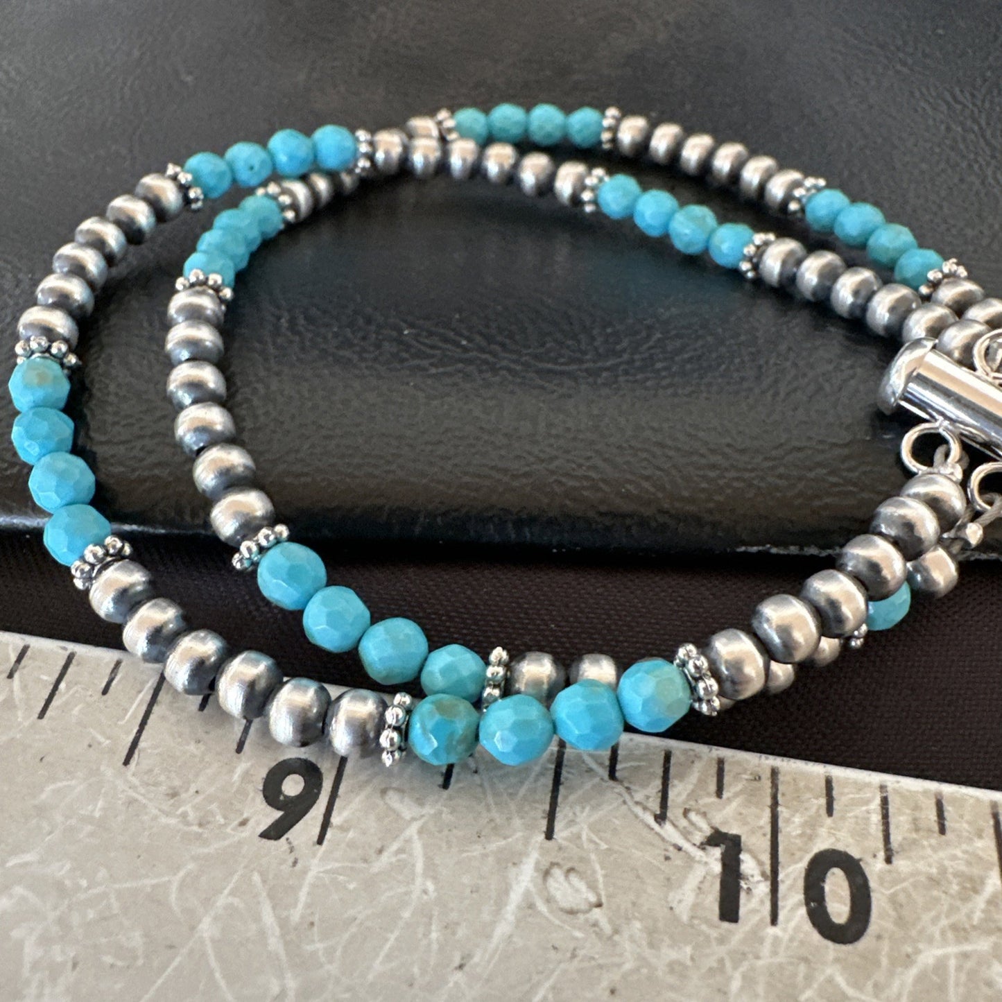 Blue Turquoise Faceted Bead Navajo Sterling Silver Beads Bracelet 7.5" 18999