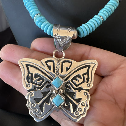 Butterfly Blue Turquoise Pendant Navajo Sterling Silver Necklace 24" 18904