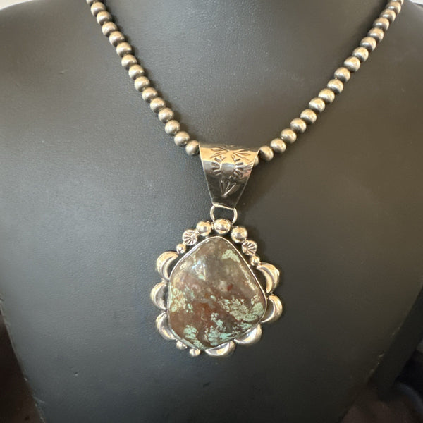 Navajo Green Rustic Turquoise Necklace Pendant 2.75" | Sterling Silver | Authentic Native American Handmade | 19012