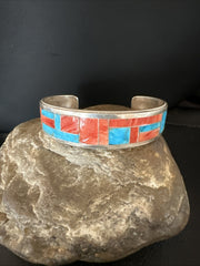 Blue Turquoise Spiny Oyster Zuni Cuff Inlay Bracelet 7" | Sterling Silver | Authentic Native American Handmade | 18994