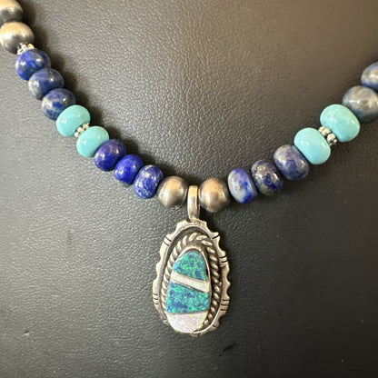 WoMens Opal Inlay Pendant Navajo Sterling Silver Blue Lapis Bead Necklace 18915