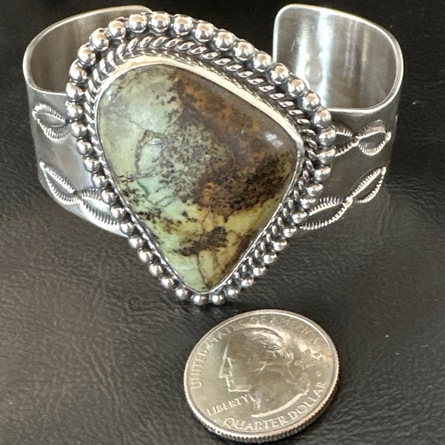 Navajo Green TURQUOISE Stamped Sterling Silver Cuff Bracelet 18876