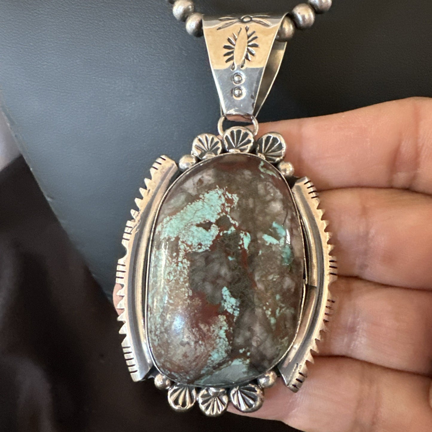 Yazzie Navajo Sterling Silver Blue Rustic Turquoise Necklace Pendant 3" 18997