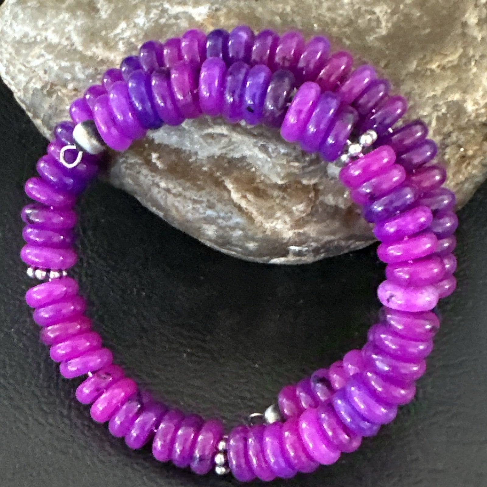 Purple Stone Turquoise 8mm Wire Bead Bracelet Navajo Sterling Silver 18898