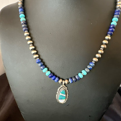 WoMens Opal Inlay Pendant Navajo Sterling Silver Blue Lapis Bead Necklace 18915