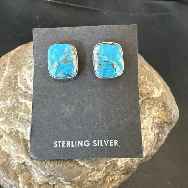 Blue Kingman Turquoise Navajo Post Stud Earrings | Sterling Silver | Authentic Native American Handmade | 18949