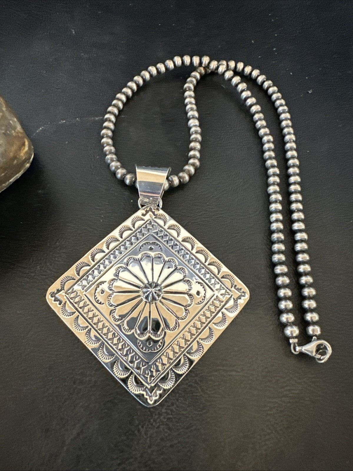 H Joe Handmade Stamped Pendant Navajo Sterling Silver Necklace 3.5" 18982