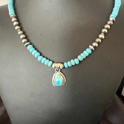 WoMens Blue Kingman Turquoise Pendant Navajo Sterling Silver Necklace 21" 18936