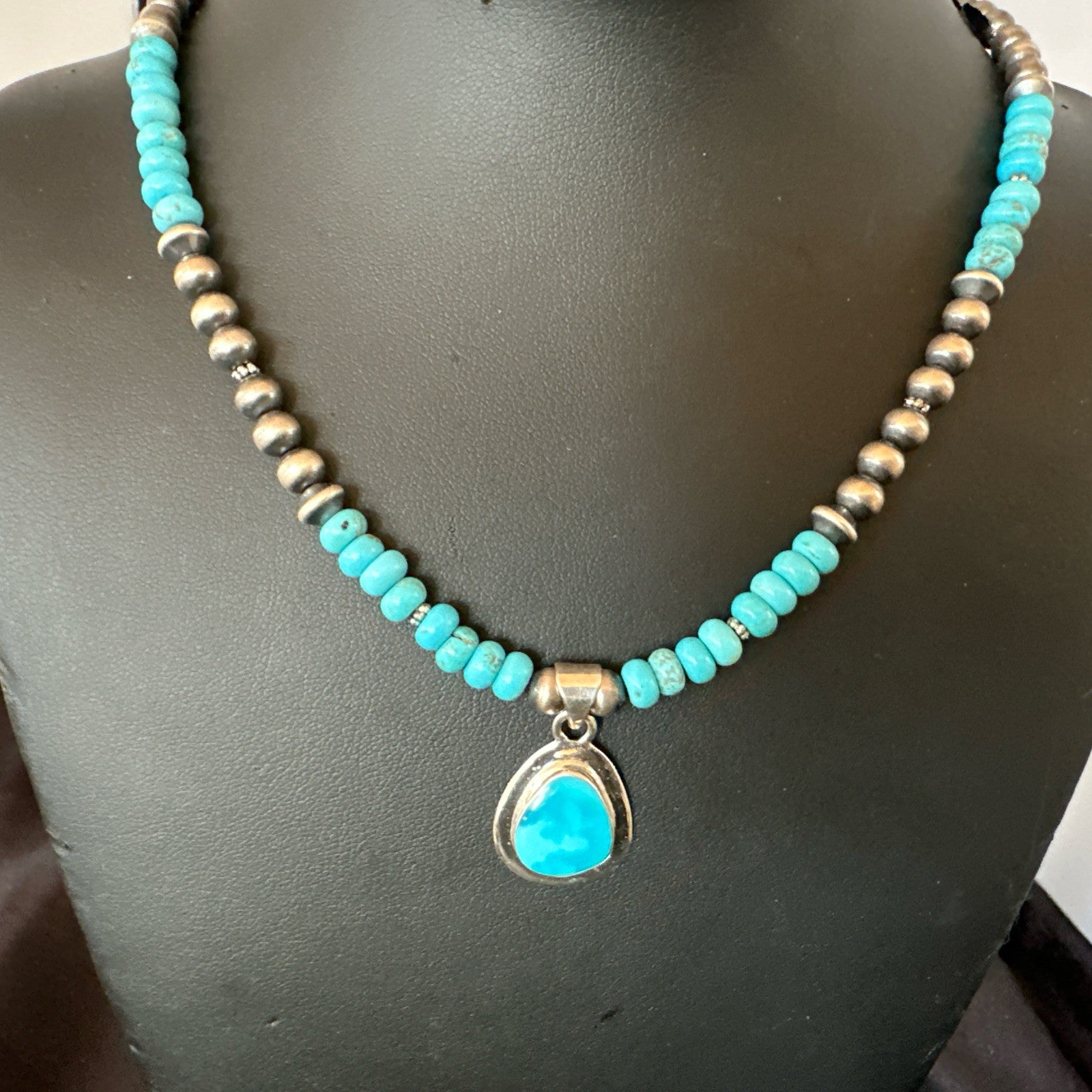 WoMens Blue Kingman Turquoise Pendant Navajo Sterling Silver Necklace 21" 18938