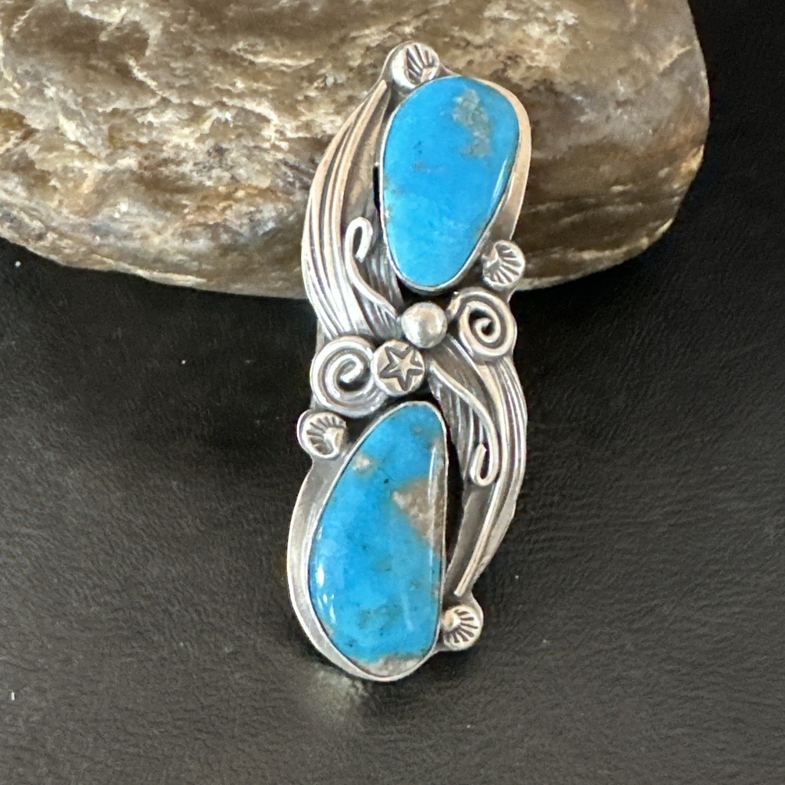 XL Navajo Cluster Blue Kingman Turquoise Sterling Silver Ring Sz 7 18989