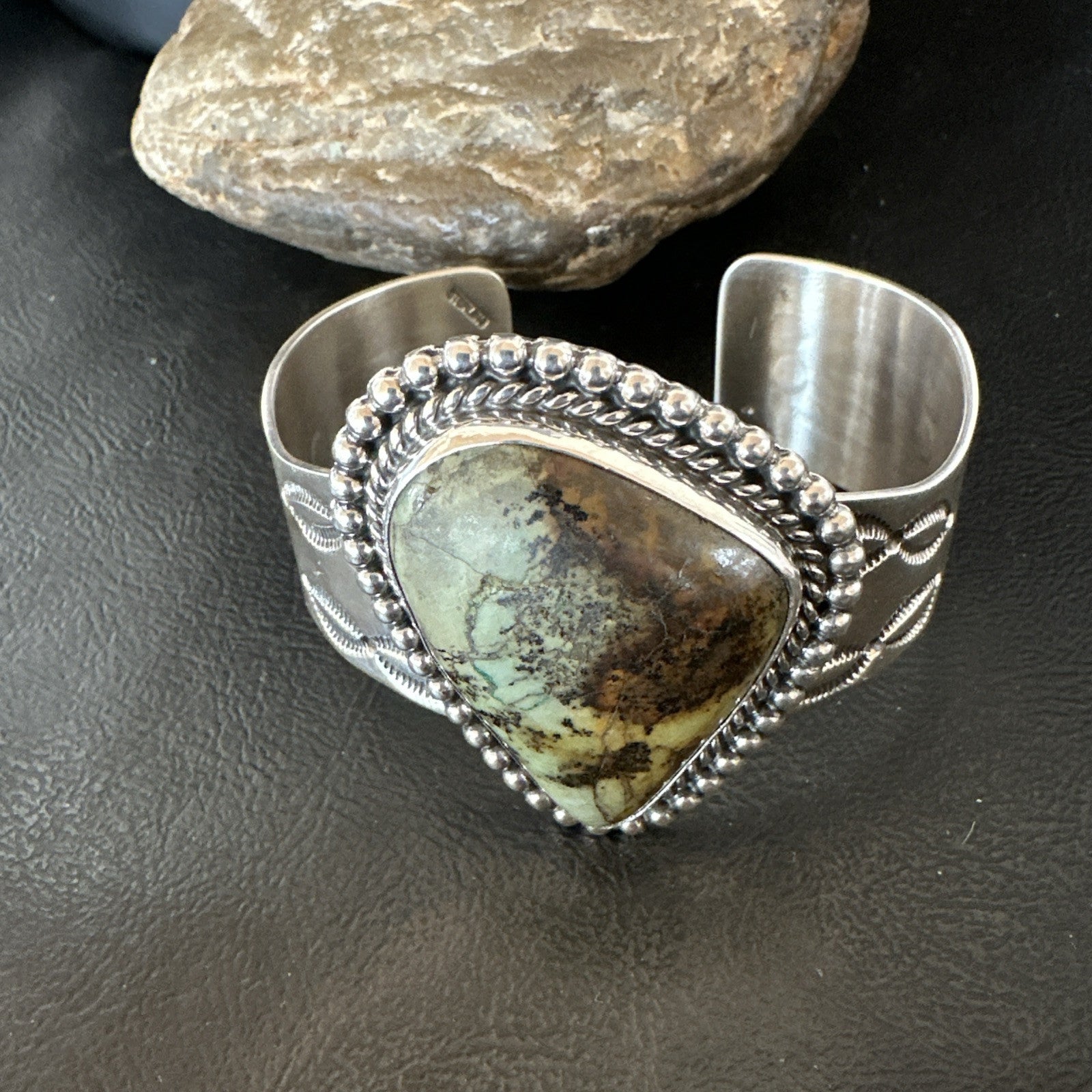 Navajo Green TURQUOISE Stamped Sterling Silver Cuff Bracelet 18876