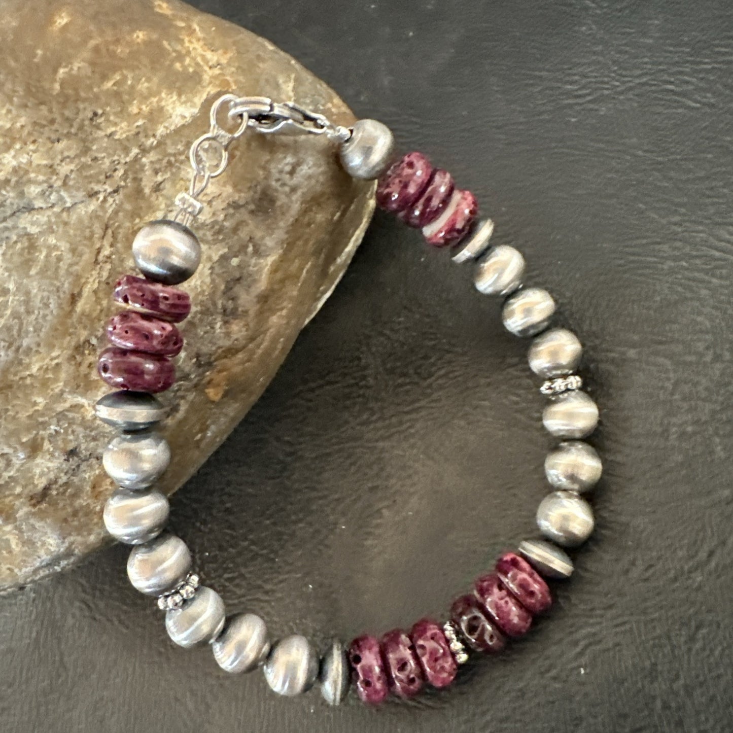 Purple Spiny Oyster 8mm Bead Bracelet Navajo Sterling Silver 6.5" 18946