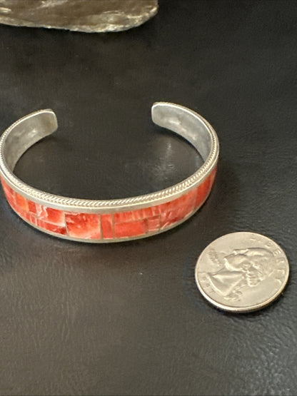 Orange Spiny Oyster Zuni Sterling Silver Cuff Inlay Bracelet 18993