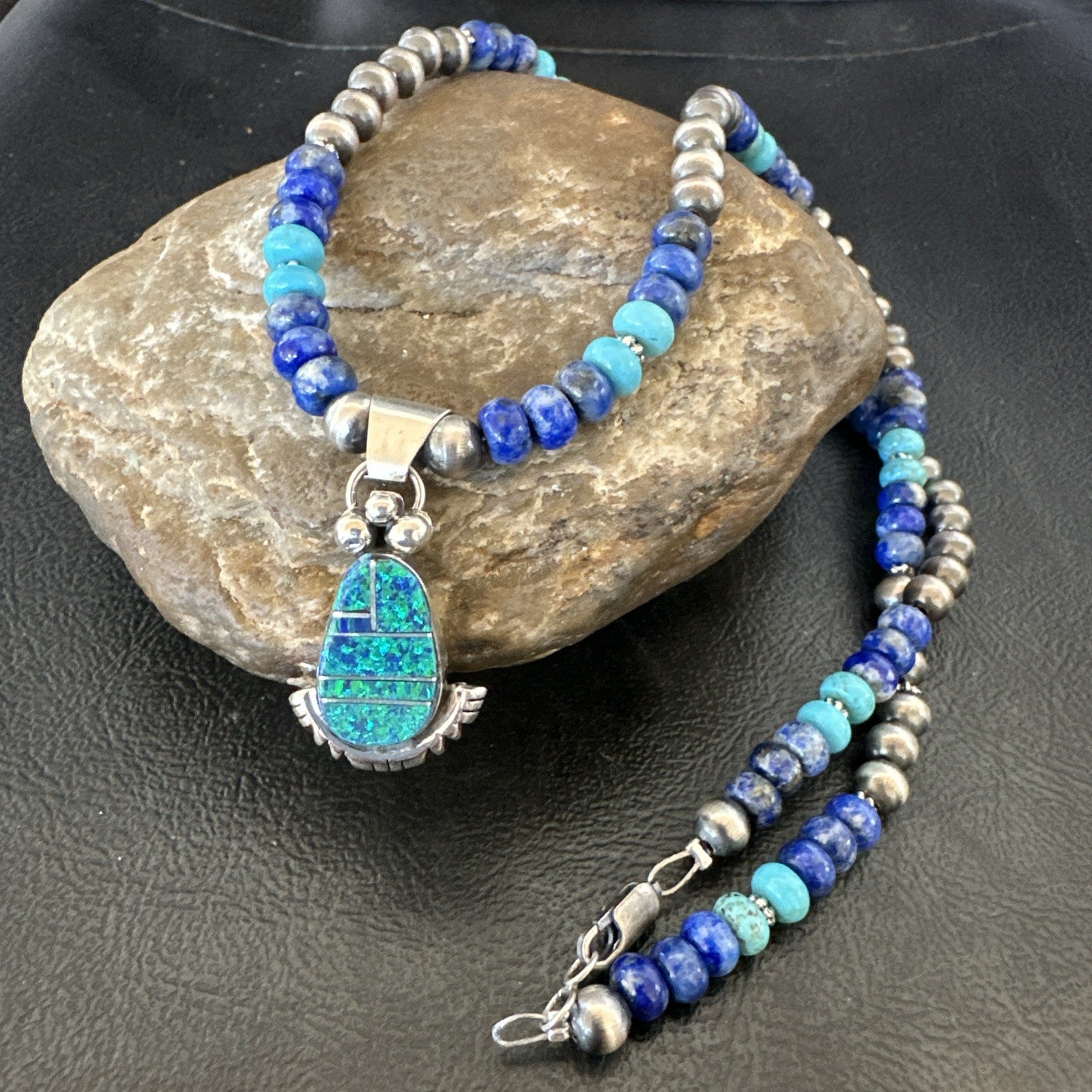 WoMens Opal Inlay Pendant Navajo Sterling Silver Blue Lapis Bead Necklace 18918