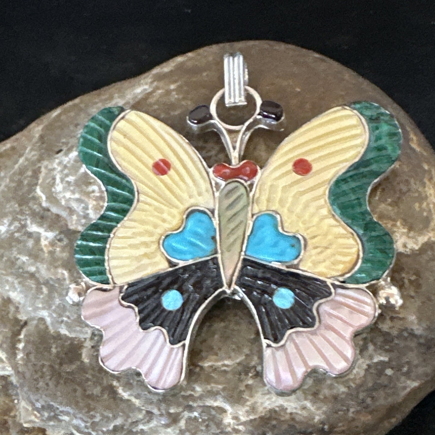 Zuni Turquoise Spiny MOP Onyx Butterfly Sterling Silver Beads Pendant 18903