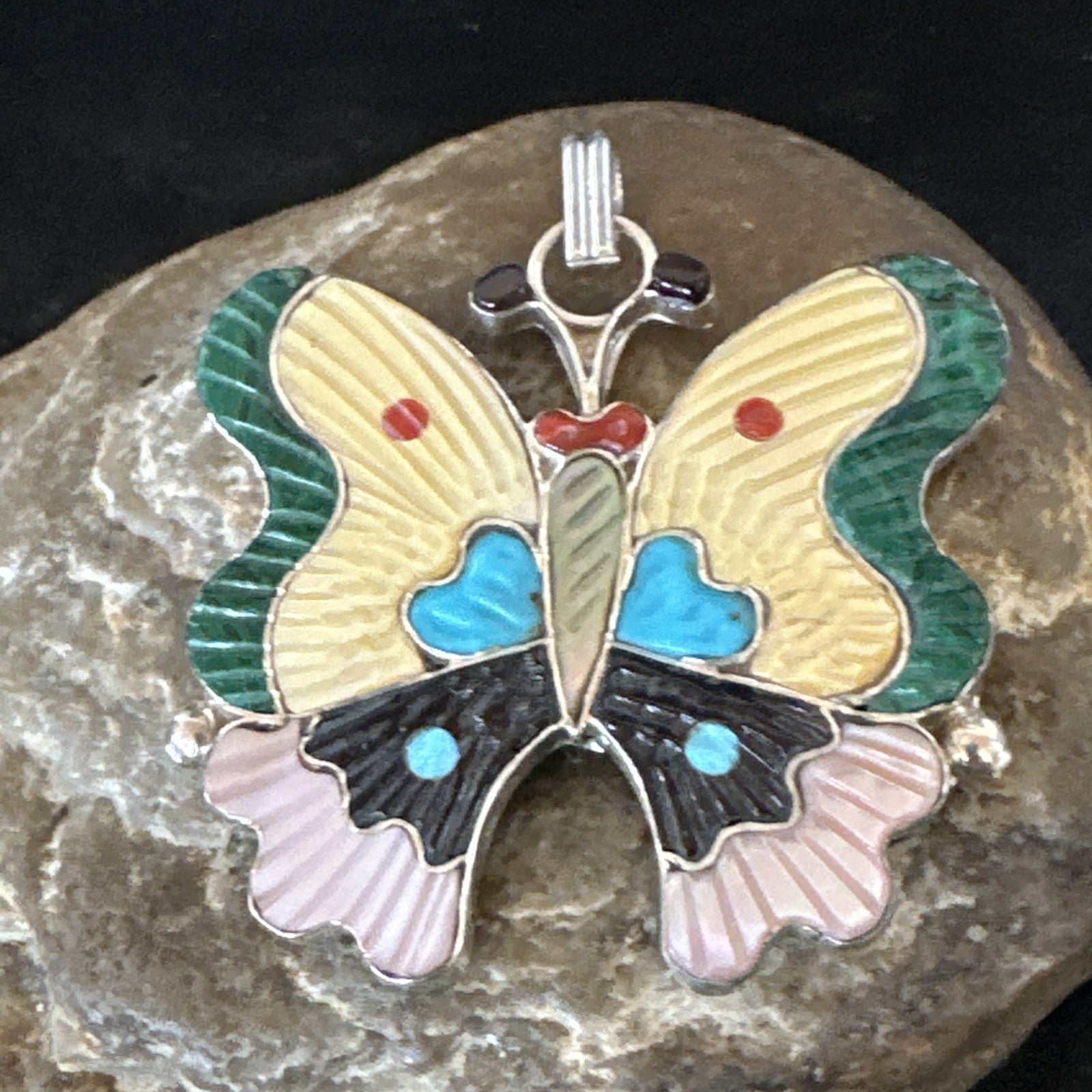 Zuni Turquoise Spiny MOP Onyx Butterfly Sterling Silver Beads Pendant 18903