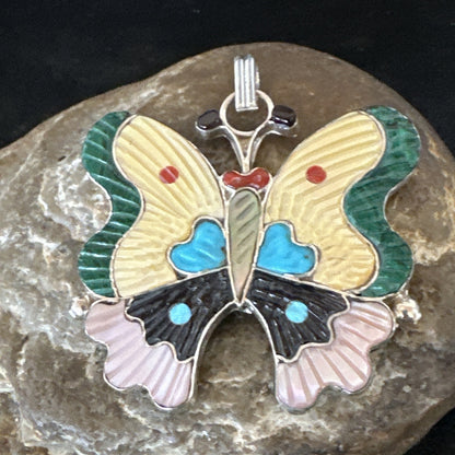 Zuni Turquoise Spiny MOP Onyx Butterfly Sterling Silver Beads Pendant 18903