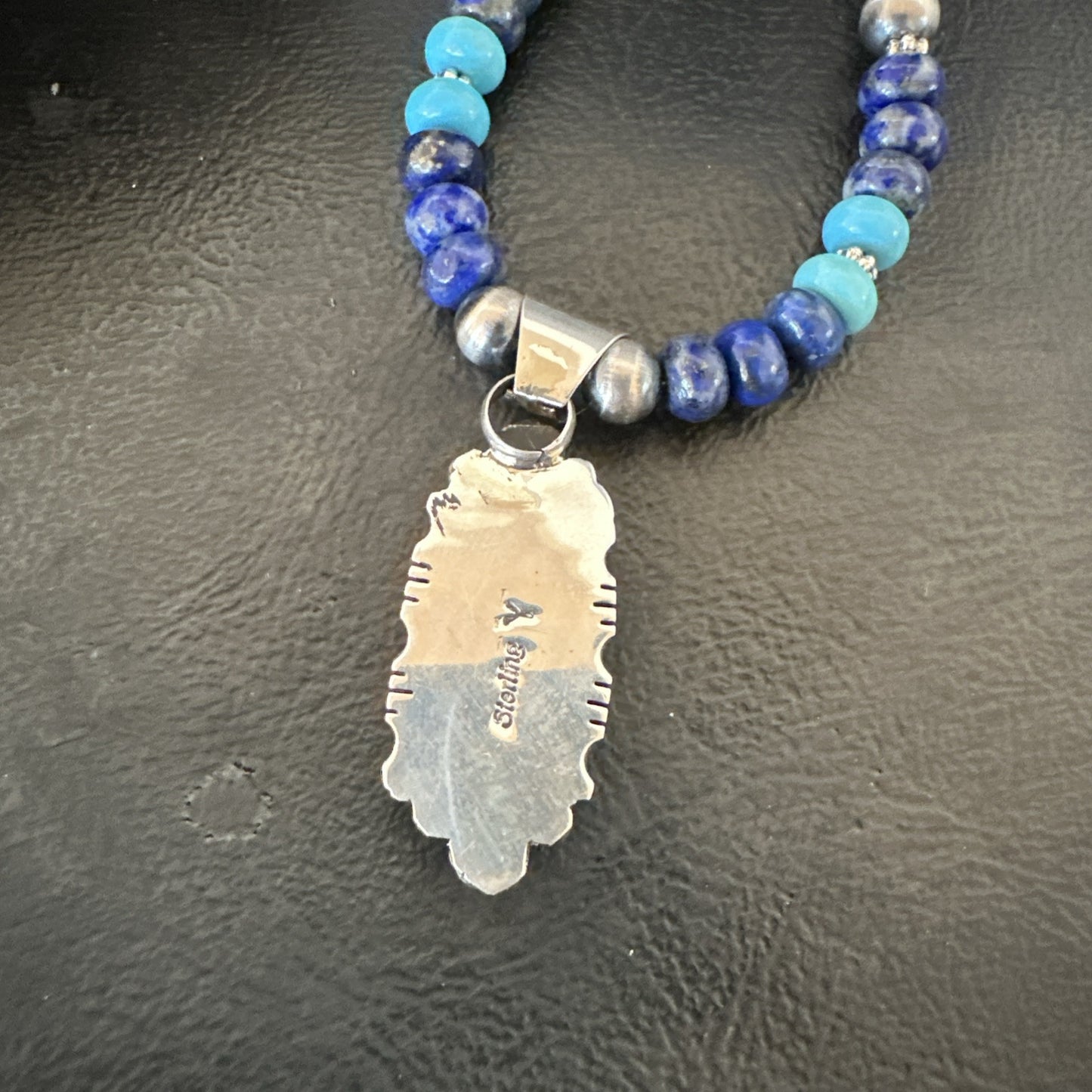 WoMens Opal Inlay Pendant Navajo Sterling Silver Blue Lapis Bead Necklace 18913